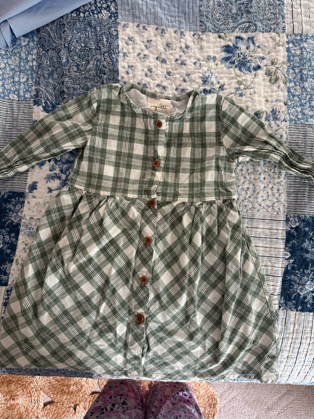 Kids Cotton Green Plaid Button-Front Dress